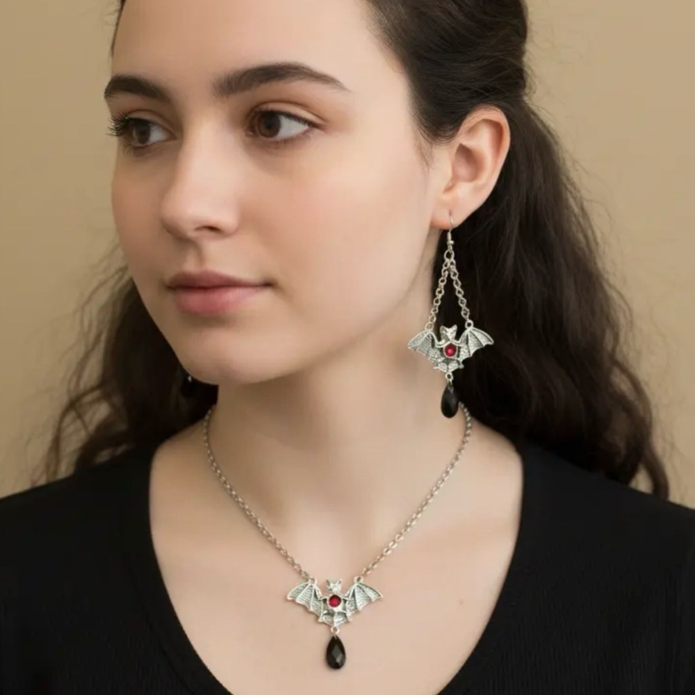 Gothic Bat Necklace + Earring Set NEW Spooky Halloween